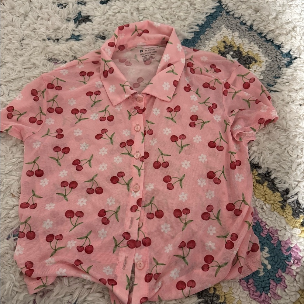 Light Pink Button Down Shirt with Cherry Print and Tie Detail MESH